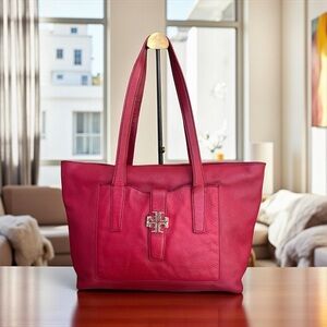 💖 Tory Burch Red Pebbled Leather Tote ✨ Iconic Double-T Statement Bag
